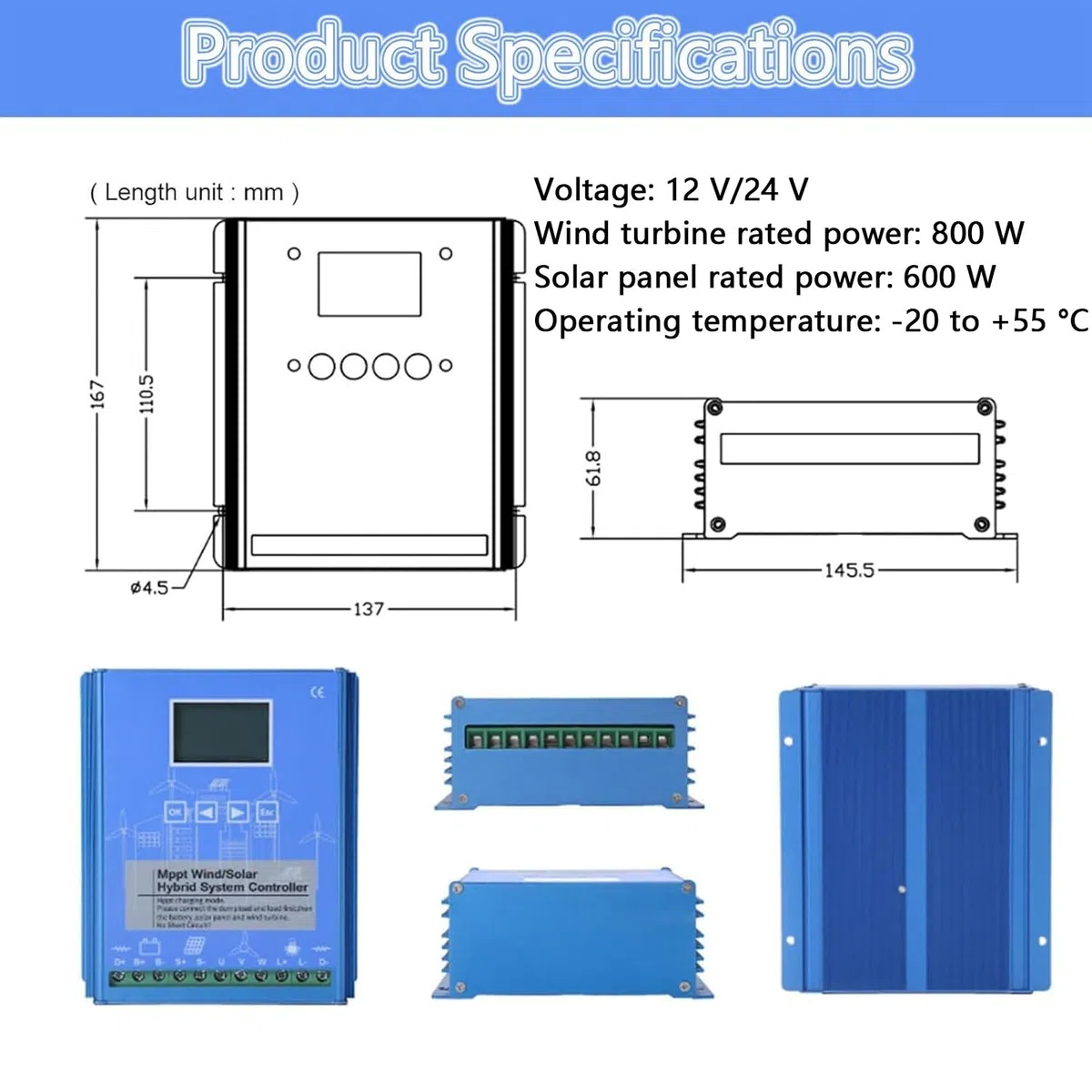 Regolatore ibrido solare eolico, regolatore di energia solare da 600 W e 800 W, LCD MPPT per generatori da 12 V/24 V, centrali elettriche, lampioni stradali