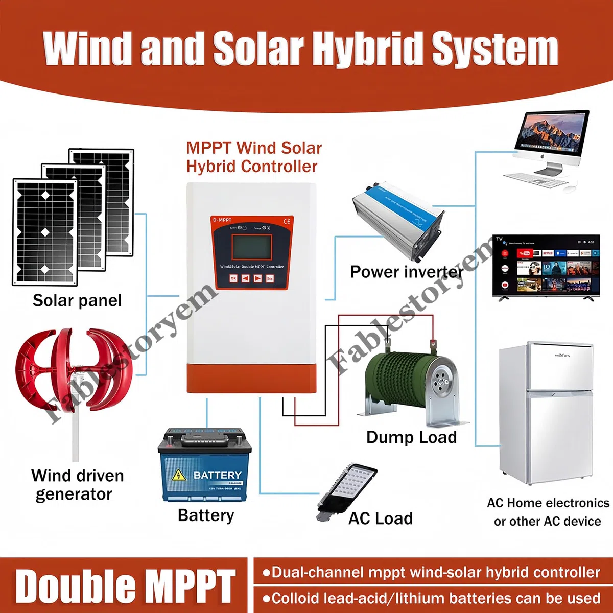 Regolatore di carica ibrido solare eolico da 12000 W, doppio MPPT per sistemi da 12 V/24 V o 24 V/48 V, identificazione automatica, controllo app telefono per turbina eolica/pannello solare