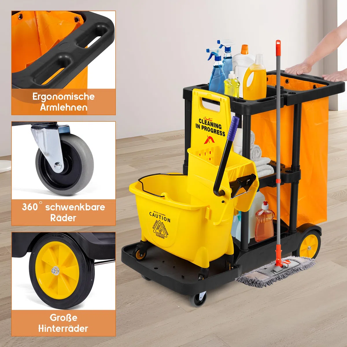 bimiti Carrello per pulizie Carrello di pulizia Carrello per pulizie commerciali Carrello di servizio di utilità di grande capacità Utility Borsa Oxford, design con gancio laterale, ruote girevoli