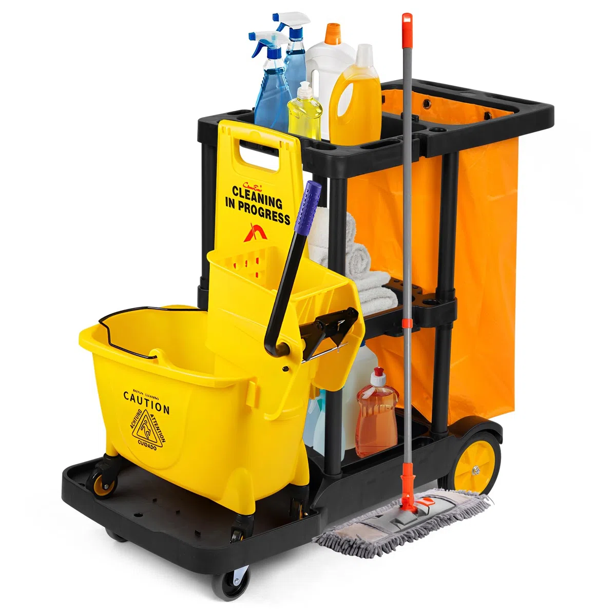 bimiti Carrello per pulizie Carrello di pulizia Carrello per pulizie commerciali Carrello di servizio di utilità di grande capacità Utility Borsa Oxford, design con gancio laterale, ruote girevoli