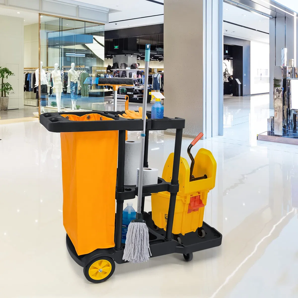 bimiti Carrello per pulizie Carrello di pulizia Carrello per pulizie commerciali Carrello di servizio di utilità di grande capacità Utility Borsa Oxford, design con gancio laterale, ruote girevoli