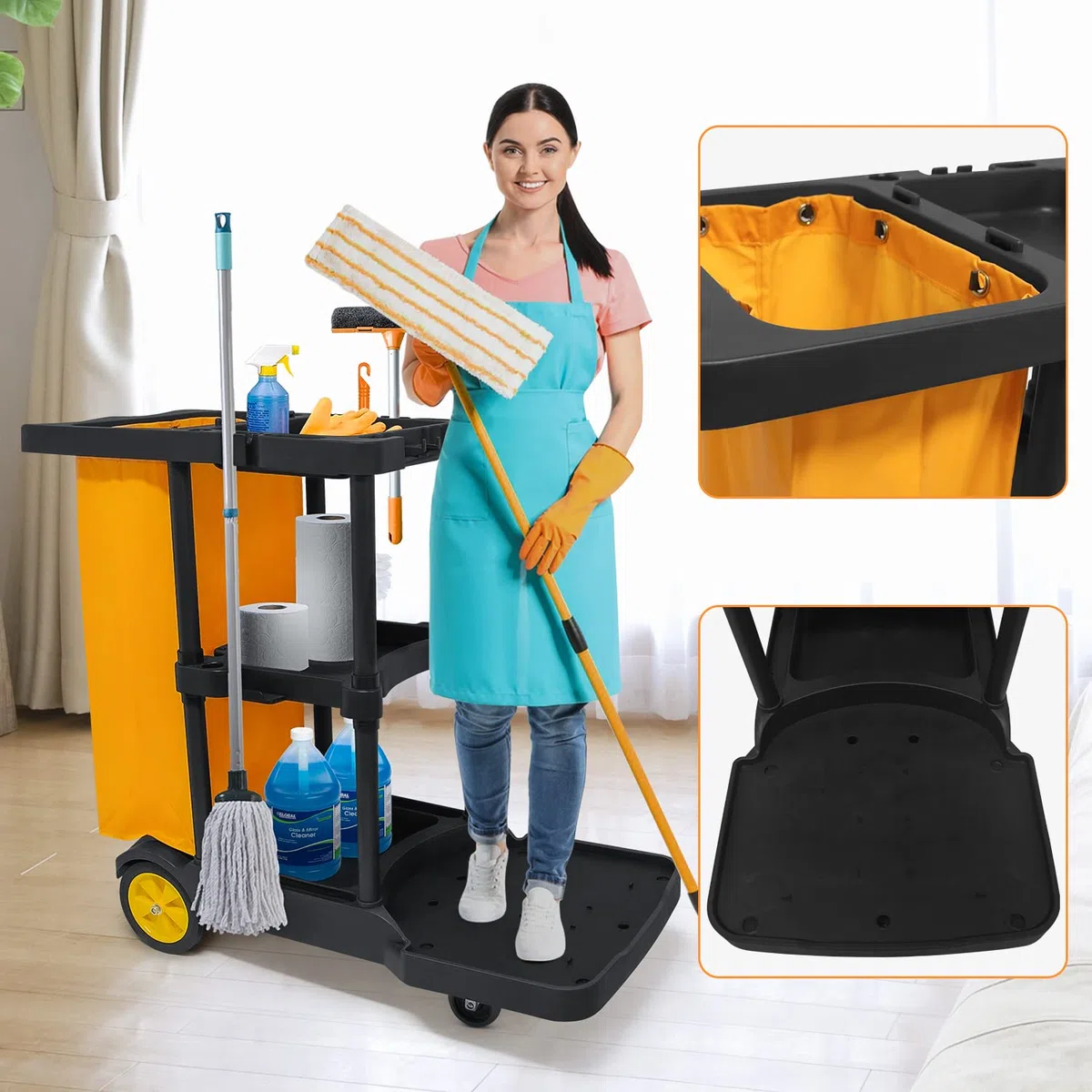 bimiti Carrello per pulizie Carrello di pulizia Carrello per pulizie commerciali Carrello di servizio di utilità di grande capacità Utility Borsa Oxford, design con gancio laterale, ruote girevoli
