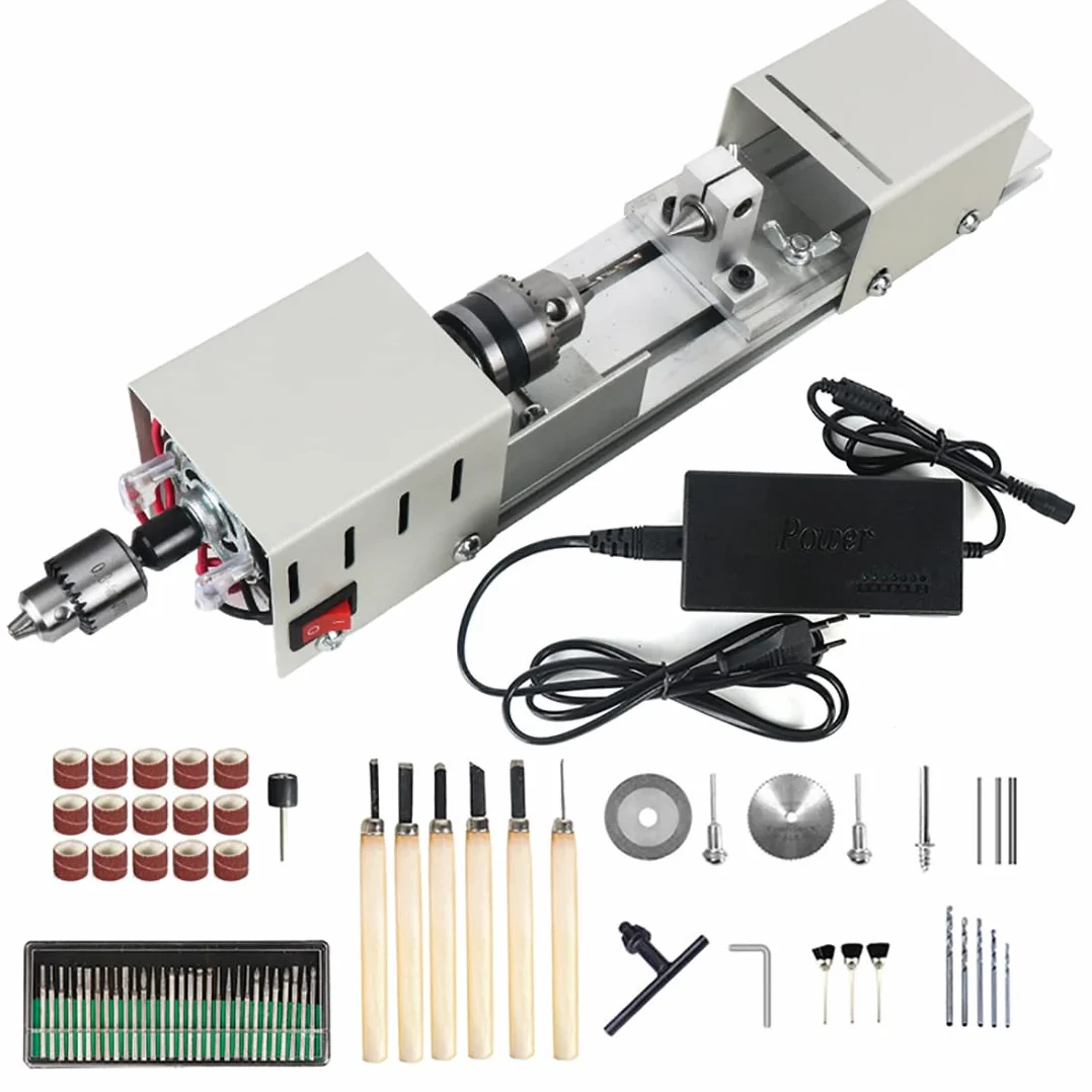 Mini tornio per la lavorazione del legno fai da te, strumenti 6 in 1 per foratura, rettifica e modellismo, ideale per hobbisti e appassionati di artigianato