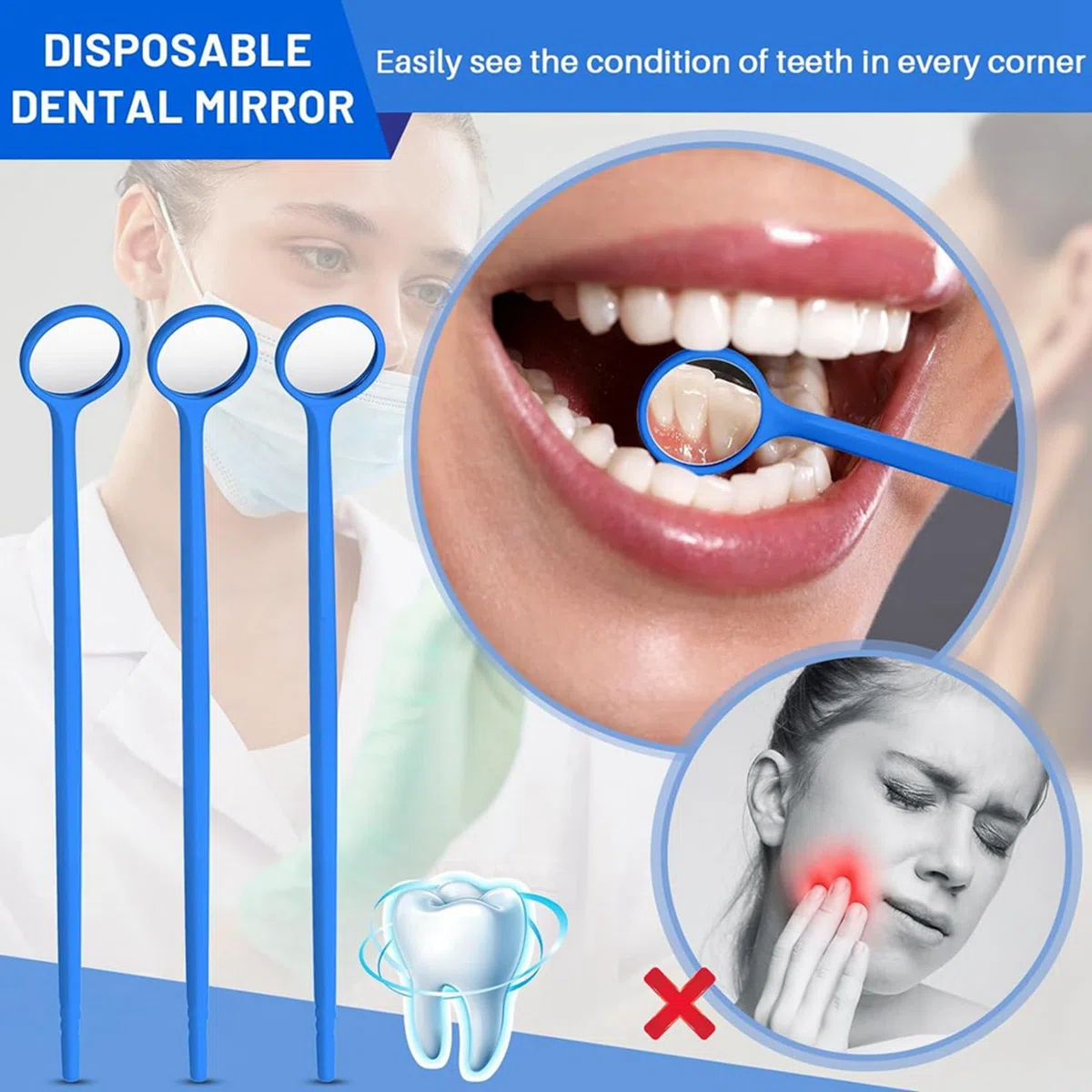 Specchio Dentale USA e Getta da 1200 Pezzi Specchietto per Bocca Antiappannamento Specchio Dentale Confezionato Singolarmente per Denti Orali, Blu